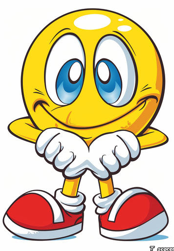 Yellow smiling face, blue eyes, thinking pose