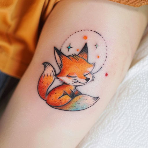 Whimsical fox tattoo in a cartoon style