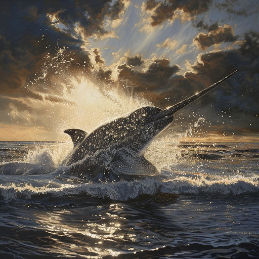 A narwhal emerging from water, its tusk catching the light