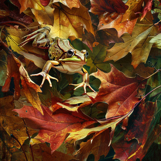Frog jumping in autumn leaves