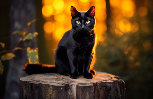 Black and orange cat on stump, mystic symbolism style