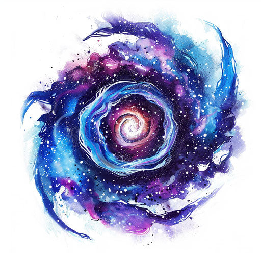 Flat tattoo sketch of spiral galaxy, vibrant blues and purples
