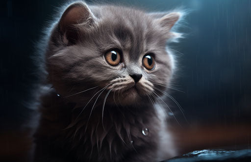 Cute kitten crying in dark gray and light blue