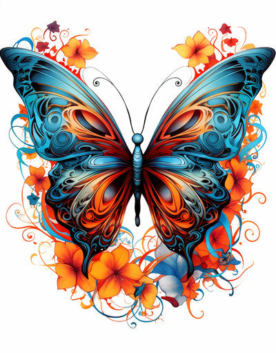 Colorful Moebius-style butterfly tattoo, limited palette