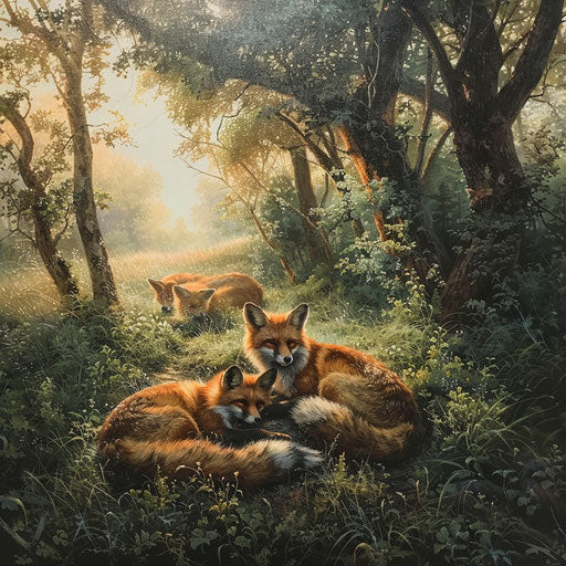 Foxes resting in a peaceful glade in the dawn light