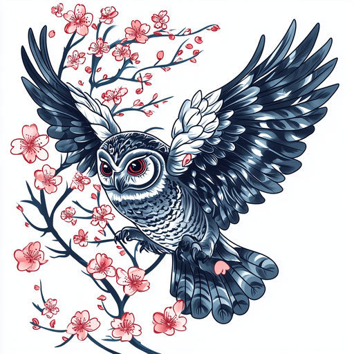 Owl neck tattoo in Japanese traditional style with cherry blossoms