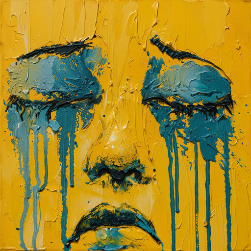 Crying emoticia with a blow, unapologetic grit style, poured, environmental awareness, dark yellow and light blue, poetcore, avocadopunk, absence of color