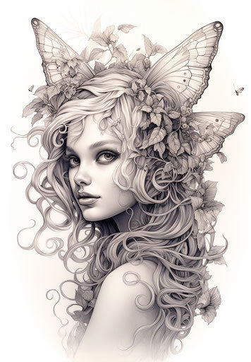 An adult fairy in detailed ink style, made of insects