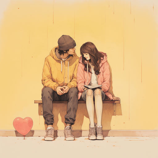 Charming sketches of couple with smileys on light yellow and pink background