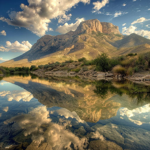 Guadalupe Peak reflected in a serene lake