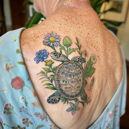 Wildflower tattoo with turtle, oceanic theme