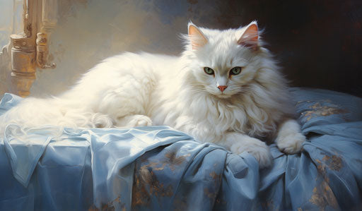 White cat sitting on bed, dark gold and light blue style