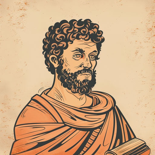 Whimsical flat tattoo sketch of a cartoonish Marcus Aurelius with exaggerated philosopher's robes