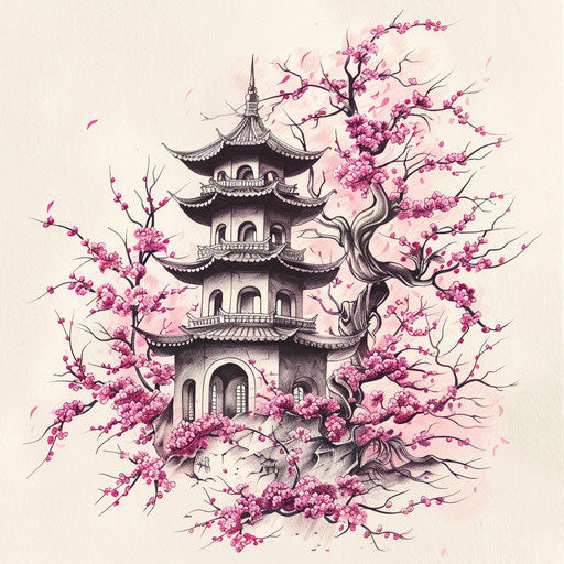 Chinese pagoda surrounded by cherry blossoms, tattoo artwork in pastel colors on white matte paper