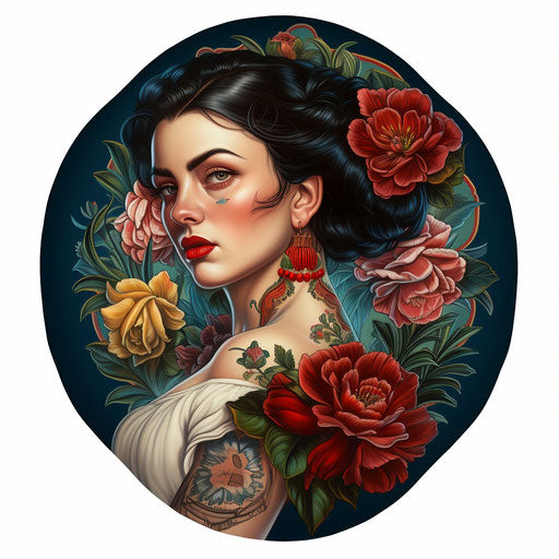 Russian and Mexican traditional tattoo, bold colors