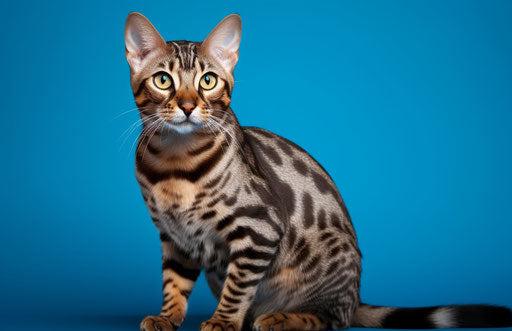 Bengal cat with large silver eyes on blue background