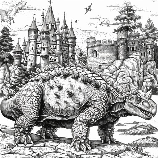 Ankylosaurus in enchanted castle scenes, Mike Zeck style, coloring