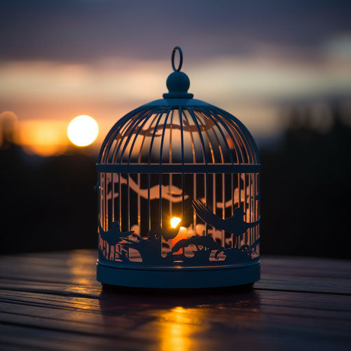 The bird cage candle holder in metal with the setting sun