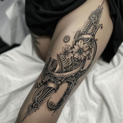 Biomechanical tattoo with floral designs, Maria Sibylla Merian style