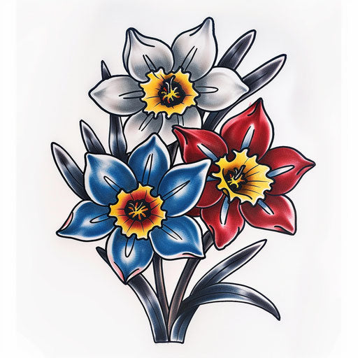 Bold and colorful Narcissus flower tattoo design