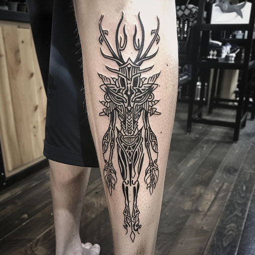 Elegant flat tattoo sketch of a Wendigo with tribal patterns