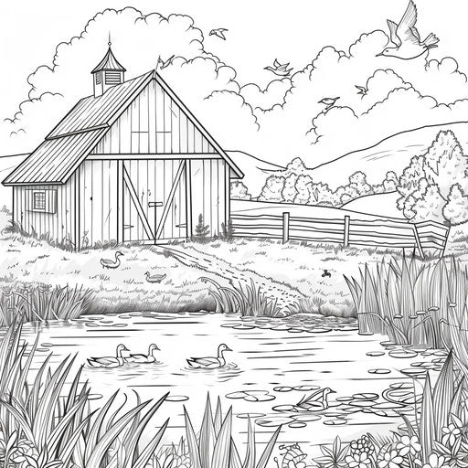 Peaceful scene: barn with duck pond