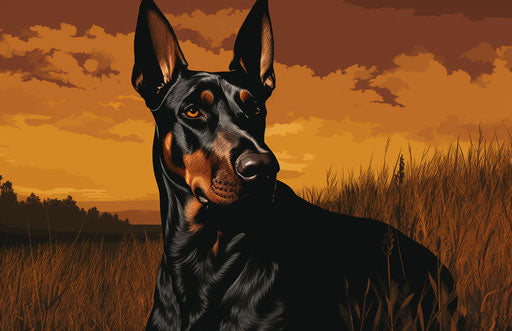 Doberman pinscher dog in field, dark orange and dark maroon style