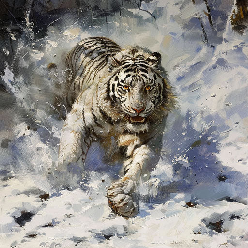 The intense hunt of a white tiger in a snowy terrain