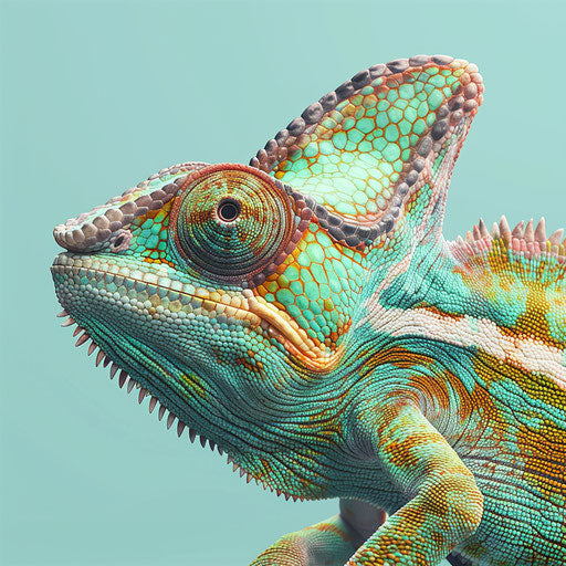 Realistic chameleon on flat turquoise background with bold outlines and matte finish
