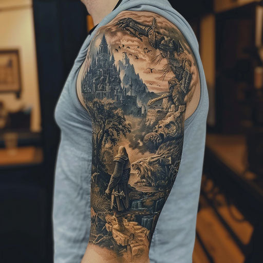 Epic mythological journey in half sleeve tattoo
