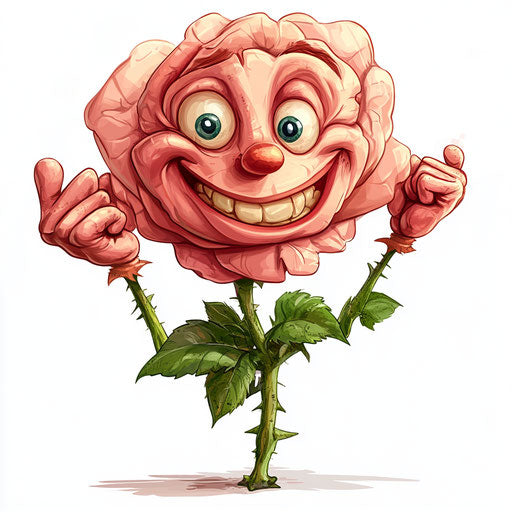 Humorous caricature of a rose with human characteristics