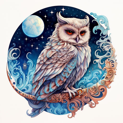 Owl on crescent, stylized animal motifs light silver