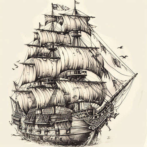 Detailed sketch of a pirate ship with intricate rigging, realistic clipart style