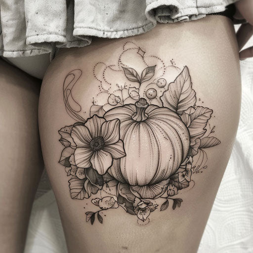 Elegant tattoo sketch of a pumpkin surrounded by delicate floral motifs in soft hues