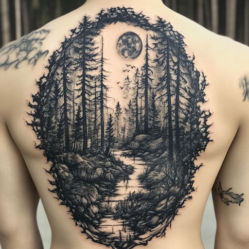 Dark tattoos with haunted forests, in the style of Peter Jackson