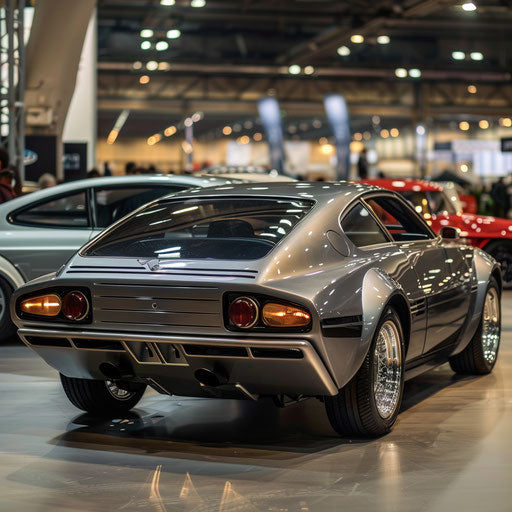 Retro-futuristic Alfa Romeo Alfasud with chrome accents and classic fin tail lights, exhibited at a classic car show.
