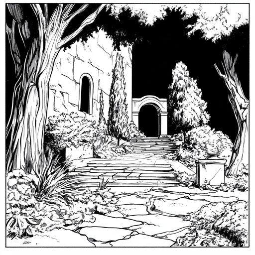 Dramatic garden scene with lighting and shadow, Mark Schultz style