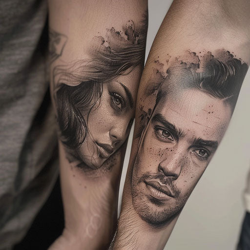 Couple tattoo with realistic portraits in the style of Glenn Fabry
