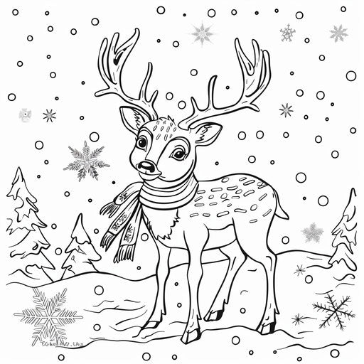 Cartoon deer with scarf, in the snow, snowflakes. Coloring page