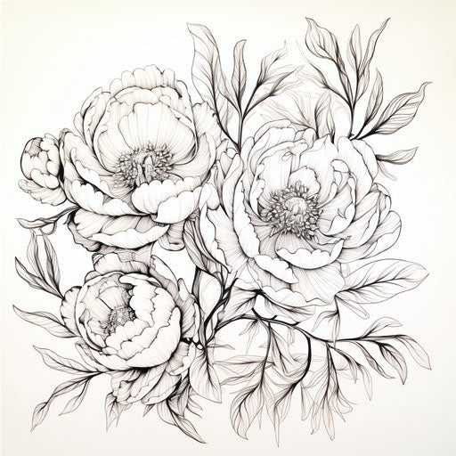 Drawing of peony in intricate floral arrangement style