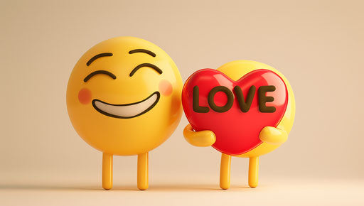 Two cute happy emoji holding a red heart with the word 'LOVE'