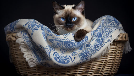 Siamese cat in a basket, soft focal points style