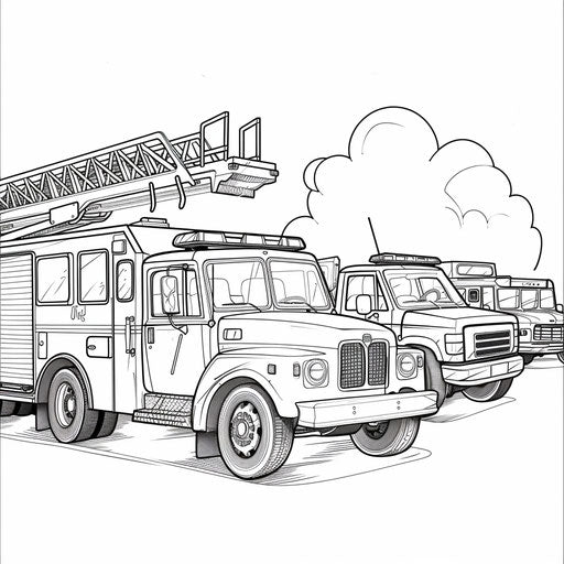 Lineup of various vehicles, car, bus, fire truck