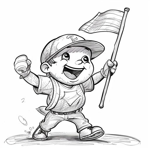 Whimsical baseball team mascot with flag