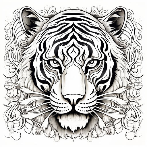 Adult coloring page of a tiger in ornate simplicity style