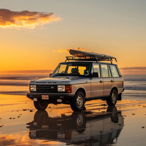 Vintage 1993 Range Rover with surfboards on roof, parked on sandy beach at sunset