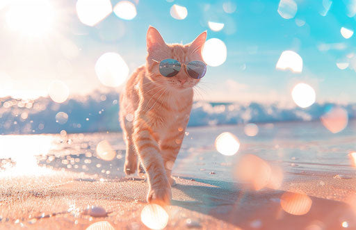 A cat with sunglasses walking on the beach