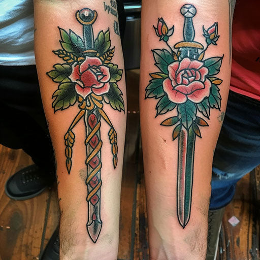 Traditional roses and daggers couple tattoo representing strength and passion, in Ed Hardy style