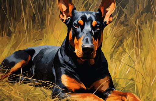 The doberman sits in the grass, light orange and dark black style, masculine 17:11