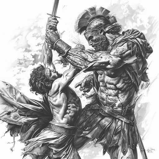 David and Goliath victory captured in black and gray tattoo